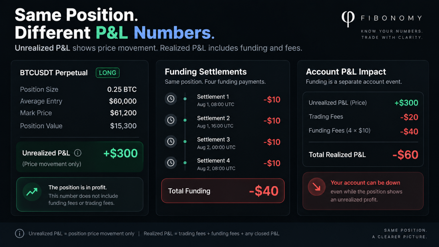 Unrealized P&L versus realized funding showing a BTCUSDT position with +$300 unrealized profit while four funding settlements and trading fees create -$60